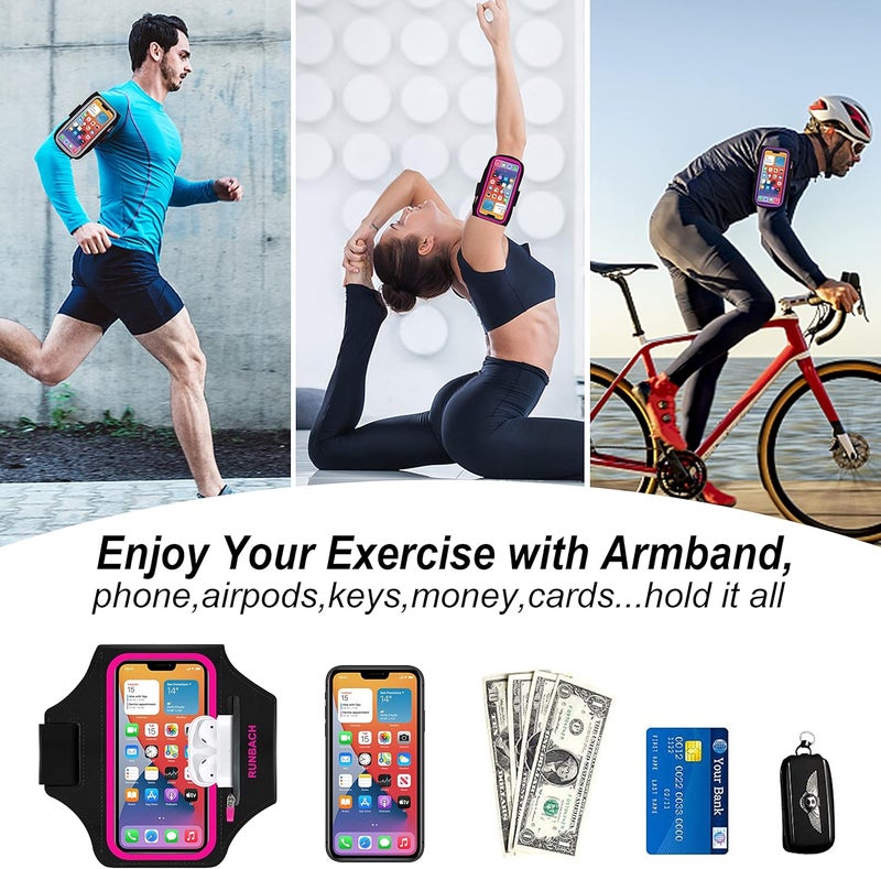 RUNBACH Armband for iPhone 17/17 Pro/16/16 Pro/15/15 Pro/14/14 Pro/13/13 Pro/13 Mini/12/12 Pro/12 Mini/11/11 Pro/XR/XS/X/SE,Water Resistant Armband with Zipper Slot for Airpods and Car Key (Pink) - Image 4